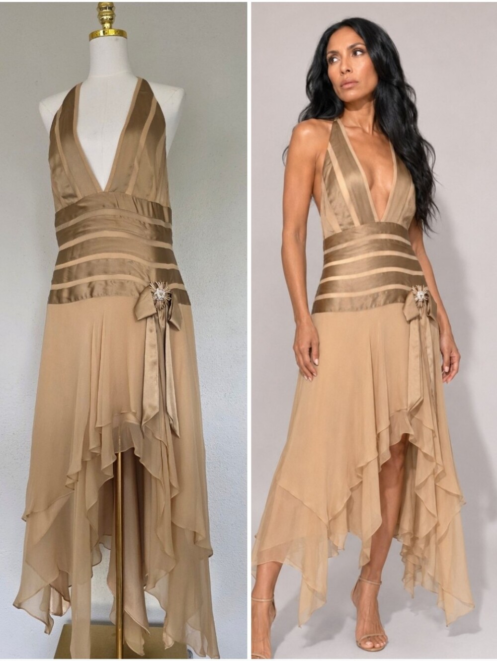 Vintage La Femme Gold Silk  Drape Ethereal Hankerchief Halter High Low 12